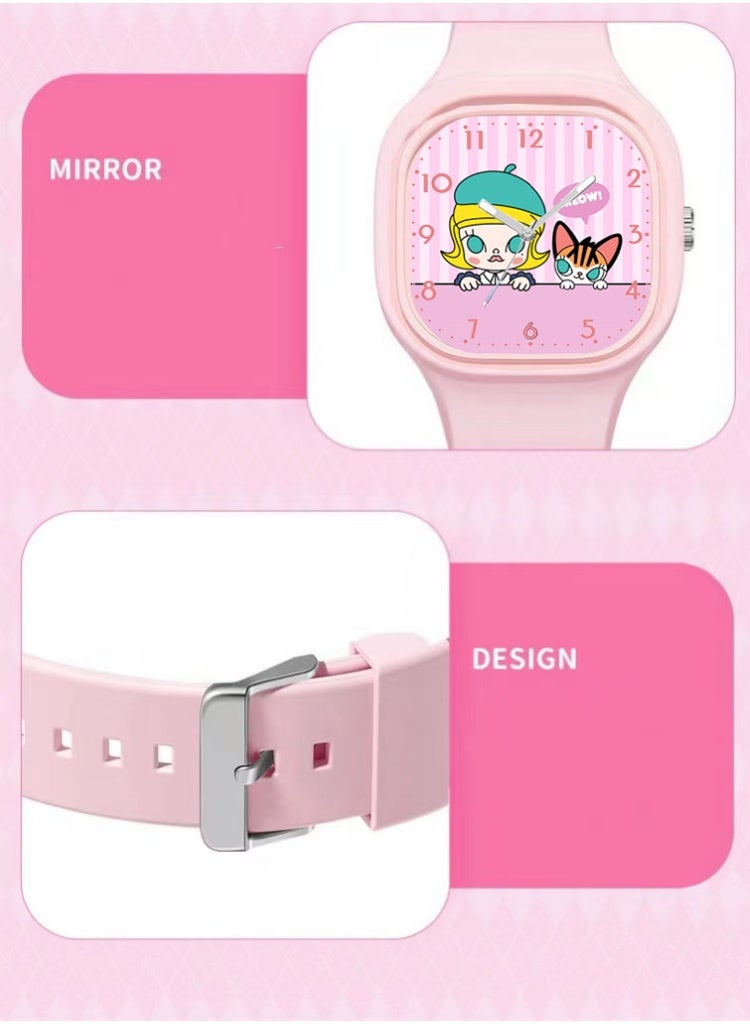 Pink square cartoon pop mart pattern children's watch silicone strap suitable for children of all ages gift watch - Image 4